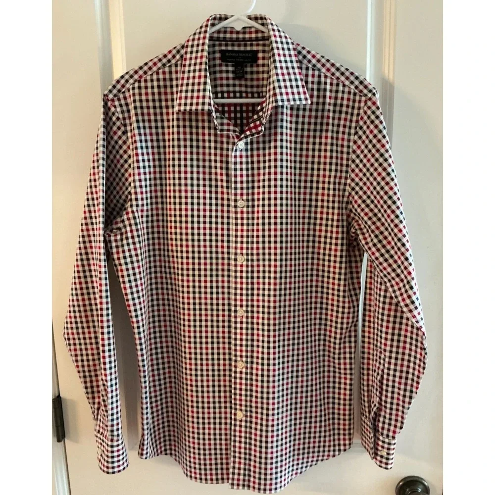 Banana Republic Non Iron Slim Fit Shirt Mens Medium Red Ivory Gingham Check